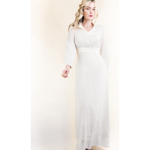 70s Ivory Cotton Gauze Crochet Trim VTG Maxi Dress - Picture 7 of 16